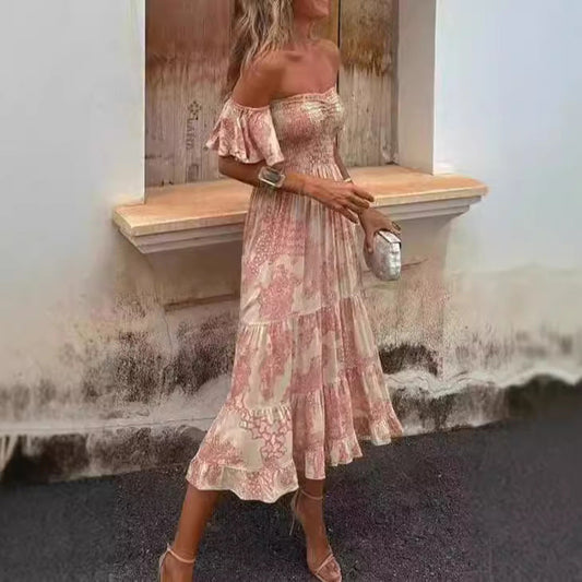 Dress for Women – Off-Shoulder – Smocked Bodice – Ruched Sleeve – Checked Midi Cut