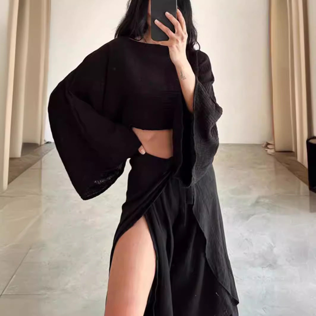 Women's Two-Piece Set – Linen Blend – Cropped Top – Wide Pants with Ruffle Details