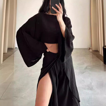 Women's Two-Piece Set – Linen Blend – Cropped Top – Wide Pants with Ruffle Details