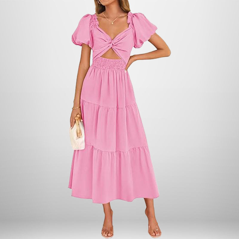 Women's Long Dress – V-Neck – Puff Sleeves – Smocked Waist – A-Line with Ruffles
