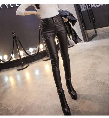 Women Leather Pants - High-Waisted Slim Fit - Button Details - Elegant Look