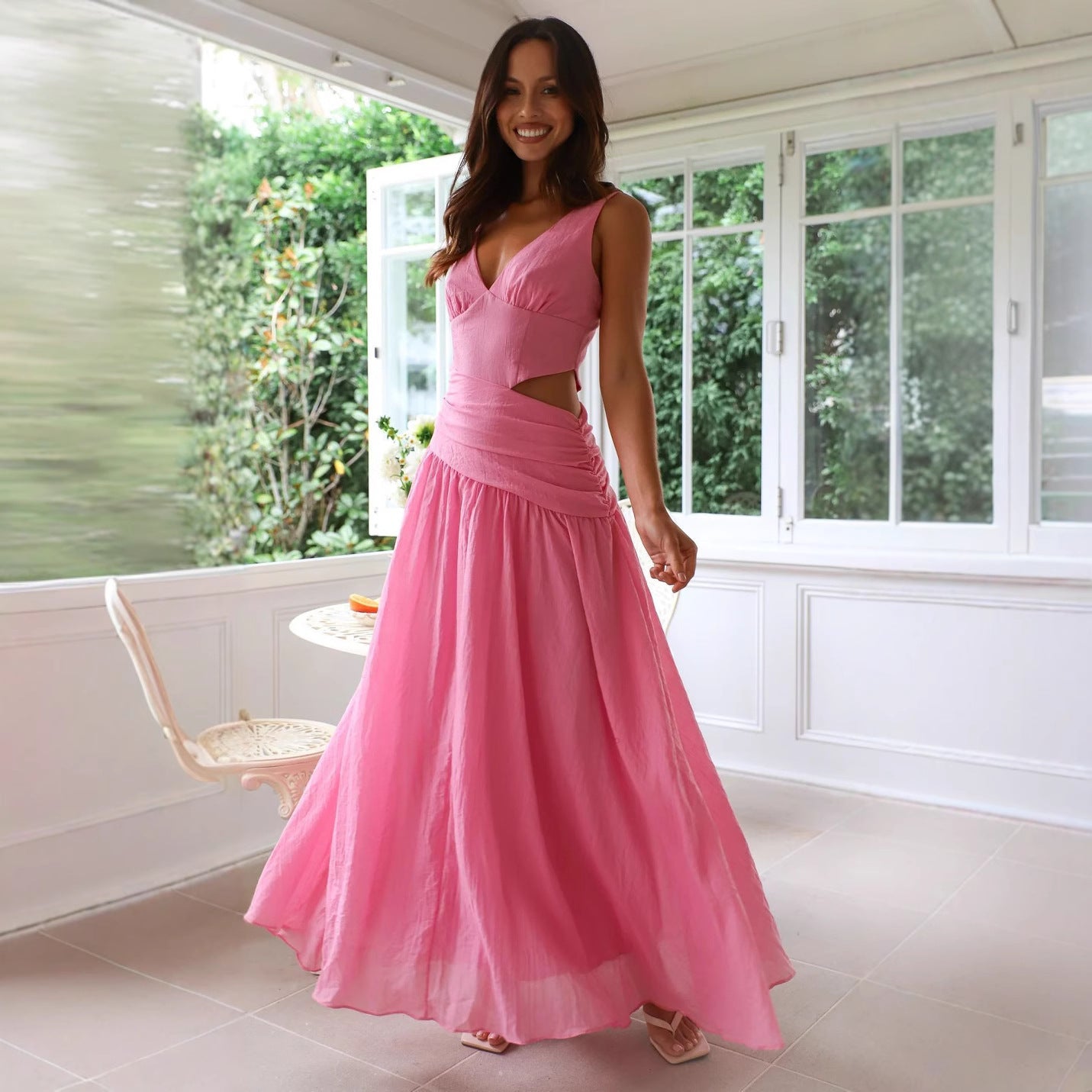 Women's Maxi Dress – Sleeveless A-line – V-neck – Light and Luxurious with Cut-out Waist