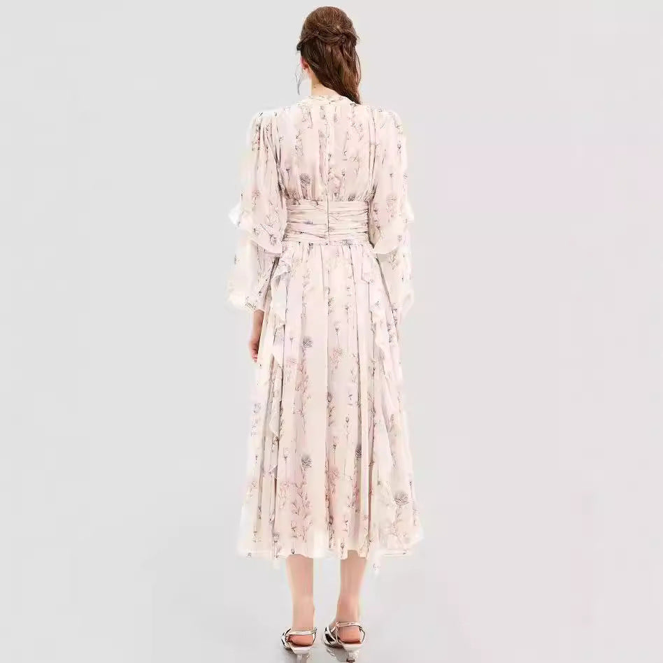Women's Dress – Chiffon Evening Dress – Long Sleeves – Ruffle Details – Printed Maxi