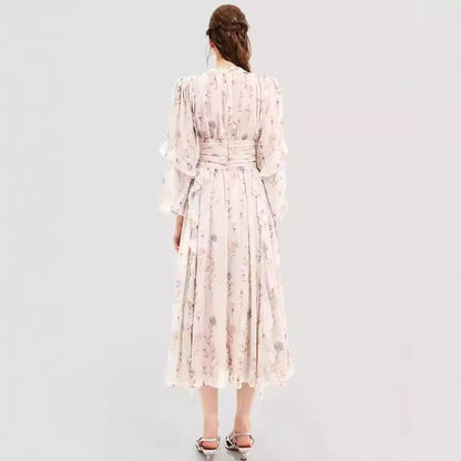 Women's Dress – Chiffon Evening Dress – Long Sleeves – Ruffle Details – Printed Maxi