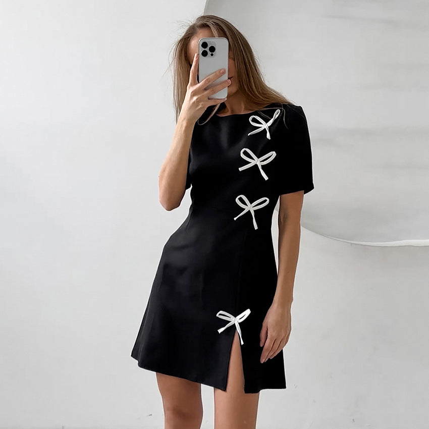 Women's A-line Dress – Short Sleeved – Round Neck – Bow Details – Mini Elegant Fit