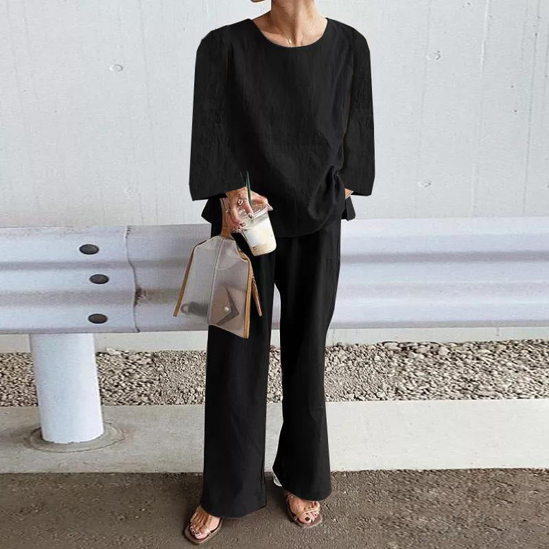 Women's Set – Linen – Relaxed Fit – Long-Sleeved Top – Wide Pants