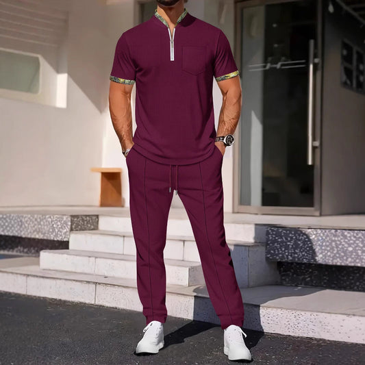Men's Set with Top and Pants – Slim Fit – Breathable Fabric – Zipper Neck – Chest Pocket