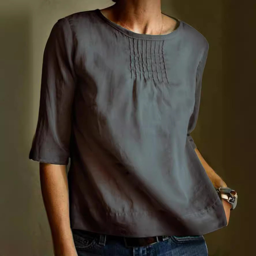 Women's Blouse – Cotton Linen Mix – Loose Fit – 3/4 Sleeves – Pleated Front