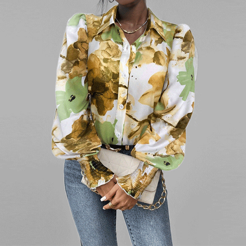 Women's Shirt – Oversized Fit – Ruffle Sleeves – Floral Print – Smocked Cuffs