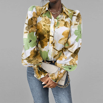 Women's Shirt – Oversized Fit – Ruffle Sleeves – Floral Print – Smocked Cuffs