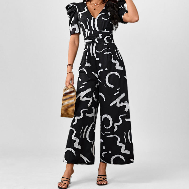 Women's Jumpsuit – V-Neck – Puff Sleeves – Wide Legs – Elegant Fit – Abstract Pattern