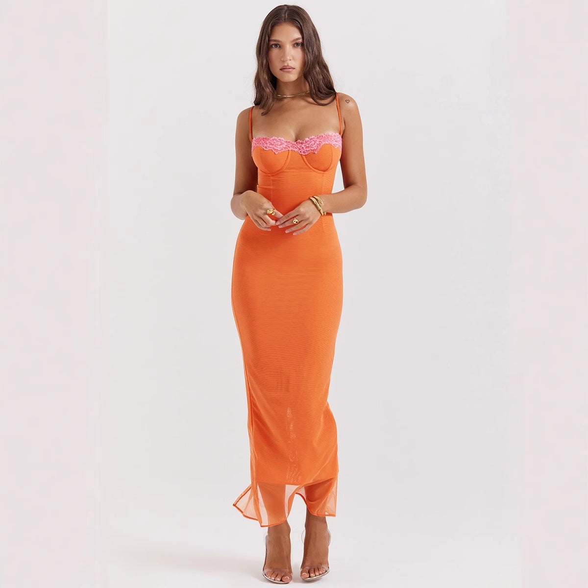 Women's Maxi Dress – Slim Fit – Lace Trim – Spaghetti Straps – Sheer Panel