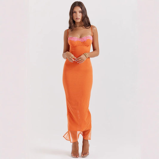 Women's Maxi Dress – Slim Fit – Lace Trim – Spaghetti Straps – Sheer Panel