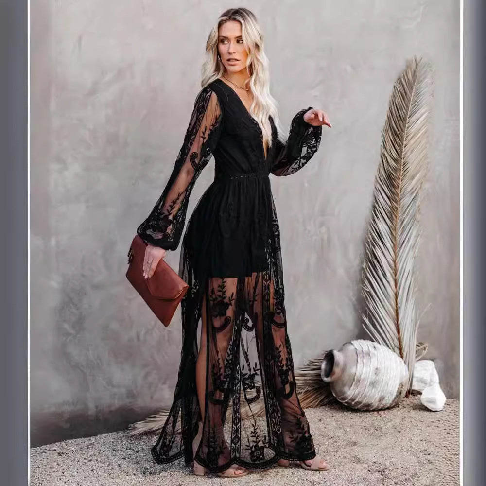 Dress for Women – Long Evening Dress – Lace and Chiffon – V-Neckline – Slit – Sheer Sleeves