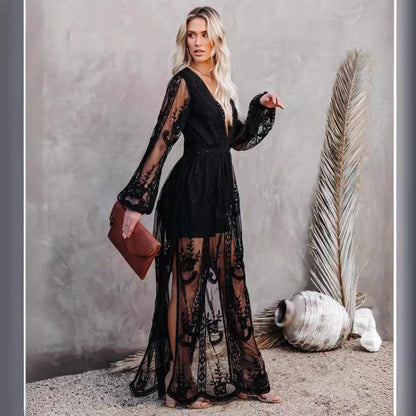 Dress for Women – Long Evening Dress – Lace and Chiffon – V-Neckline – Slit – Sheer Sleeves
