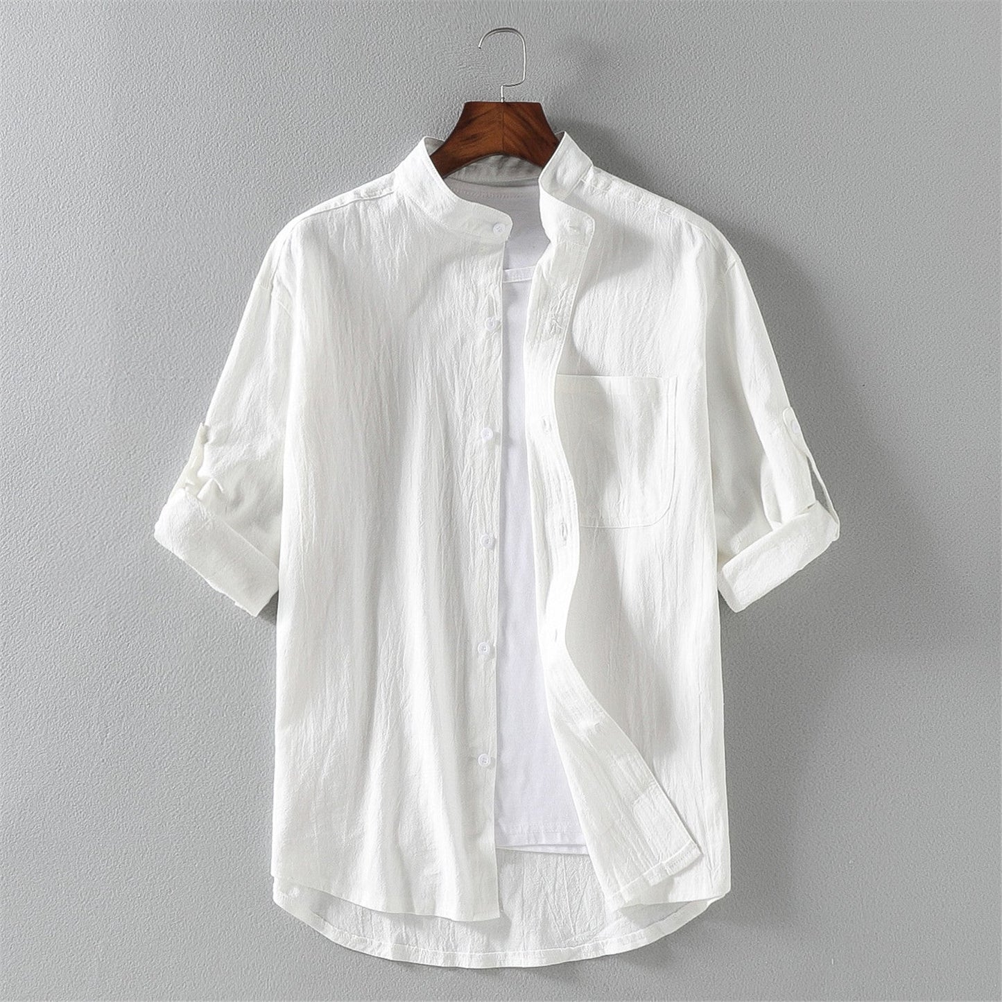 Men's Shirt with Short Sleeves – Relaxed Fit – Linen Blend – Mandarin Collar