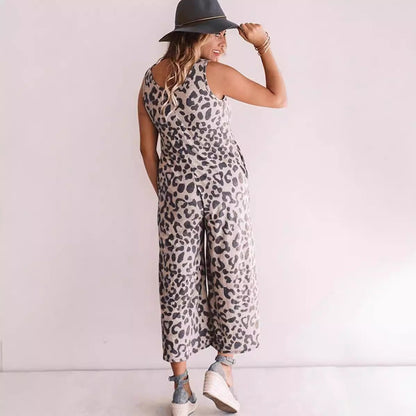 Women's Sleeveless Jumpsuit - Leopard Print - Loose Fit - V-Neck Wide-Leg Cropped