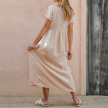 Women's Dress – Loose Fit – V-Neck with Buttons – Midi – Cotton-Linen Mix