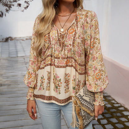 Women's Blouse – Light Rayon – Relaxed Fit – Tie Band – Long Sleeves Boho Print
