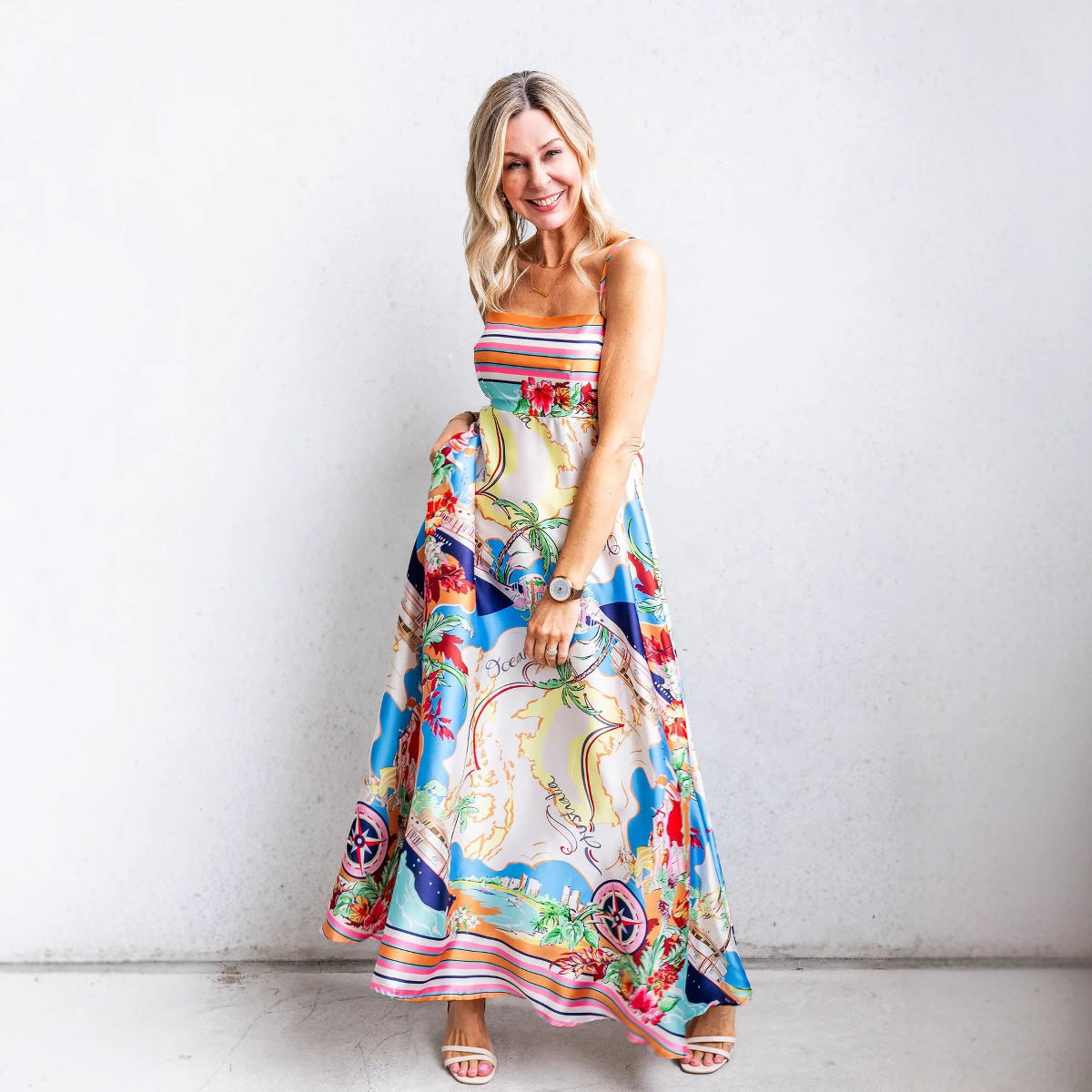 Women's Sundress – A-line Fit – Light Cotton Blend – Spaghetti Straps – Full Length