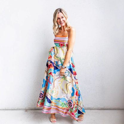 Women's Sundress – A-line Fit – Light Cotton Blend – Spaghetti Straps – Full Length