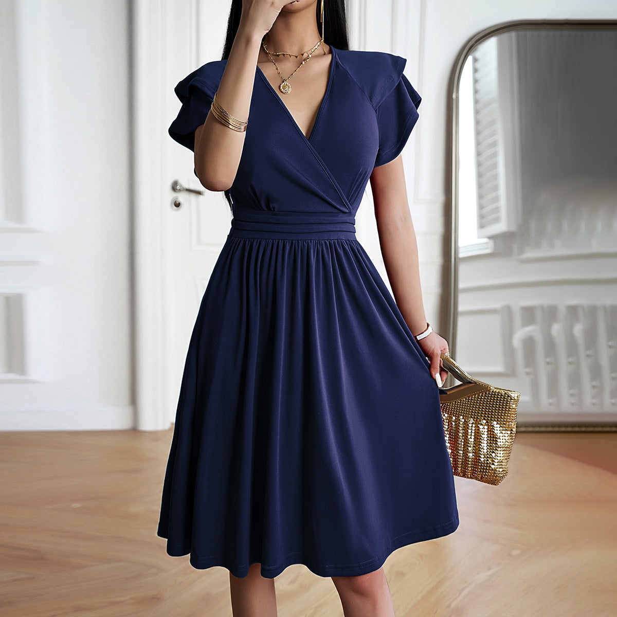 Women's Dress - V-Neck Wrap Design - Short Ruffle Sleeves - Elegant Midi Length Cut