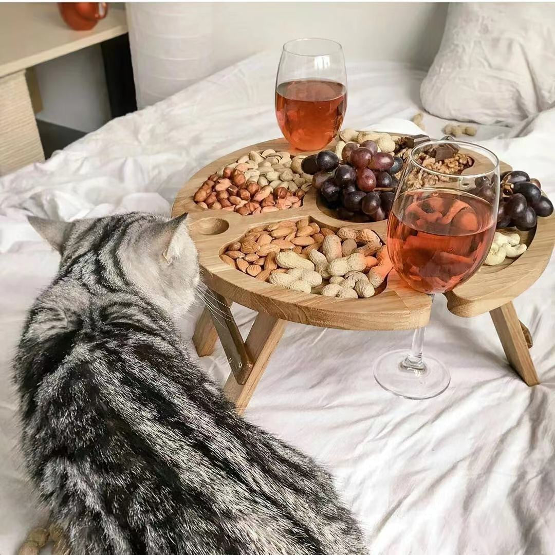 Oak Wood Foldable Table with Wine and Glass Slots