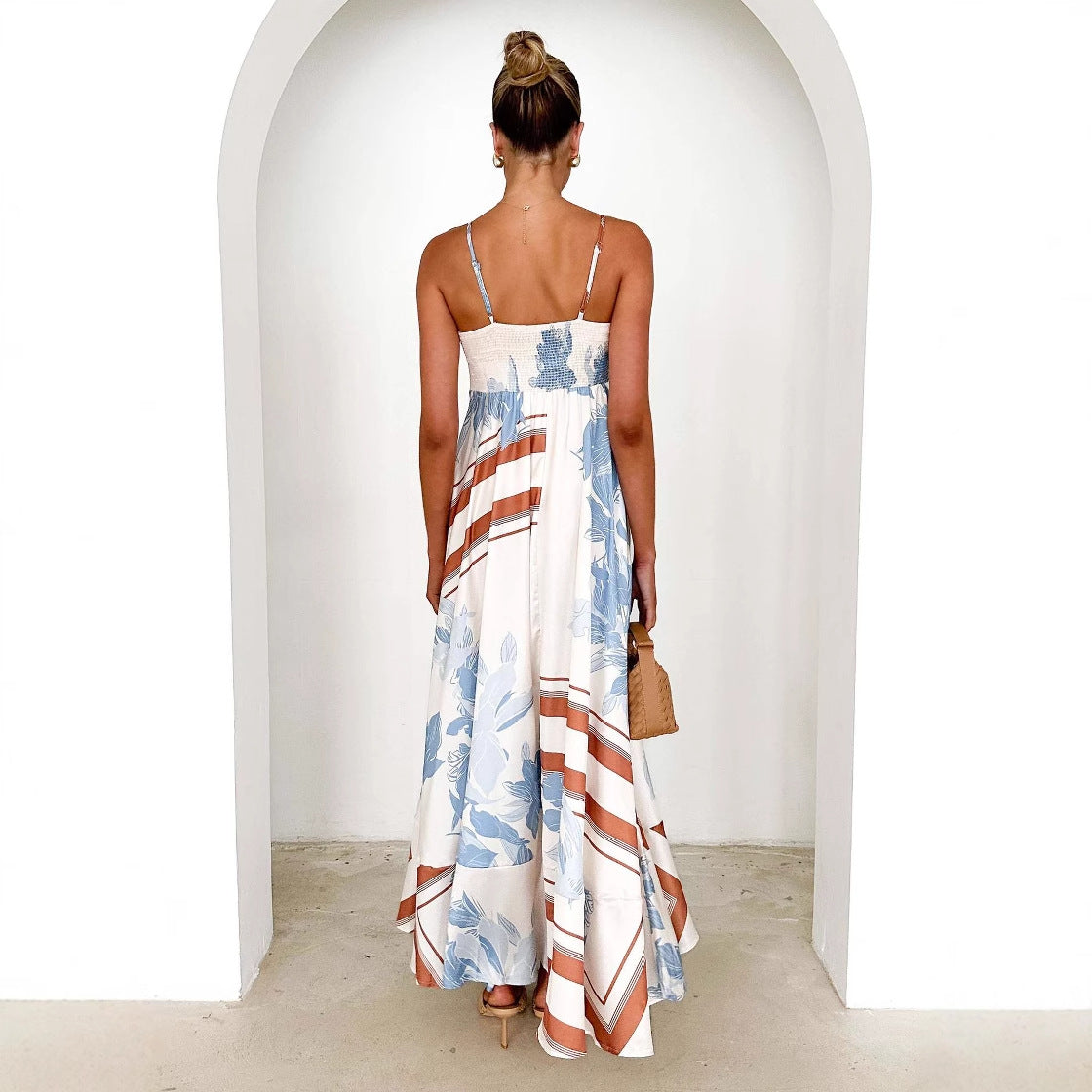 Dress for Women – Maxi A-line – Lightweight – Floral Print – Backless with Straps