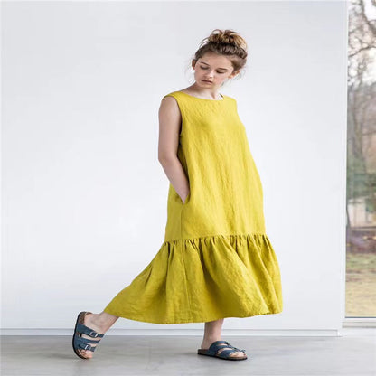 Women's Midi Dress – Sleeveless – Loose Fit – Linen Blend – Ruffle Hem – Casual