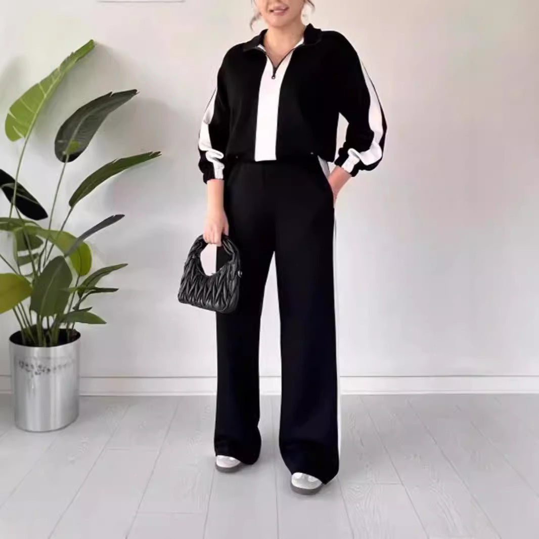 Women's Two-piece Set – Casual Fit Zip Collar Top & Wide Pants – Breathable Design