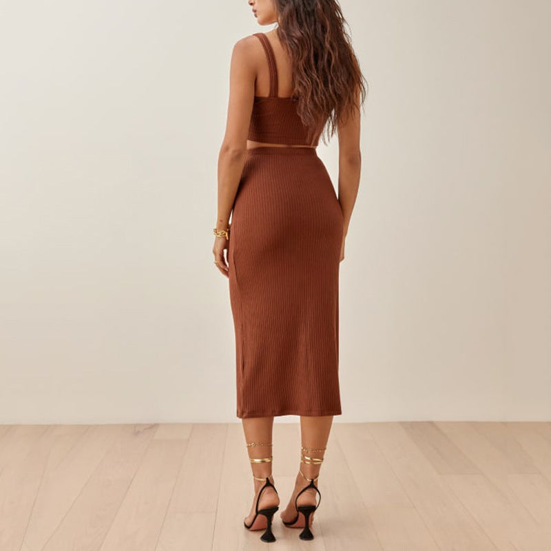 Women's Set – Ribbed Knit Crop Top and Midi Skirt – Slim Fit – High Waist