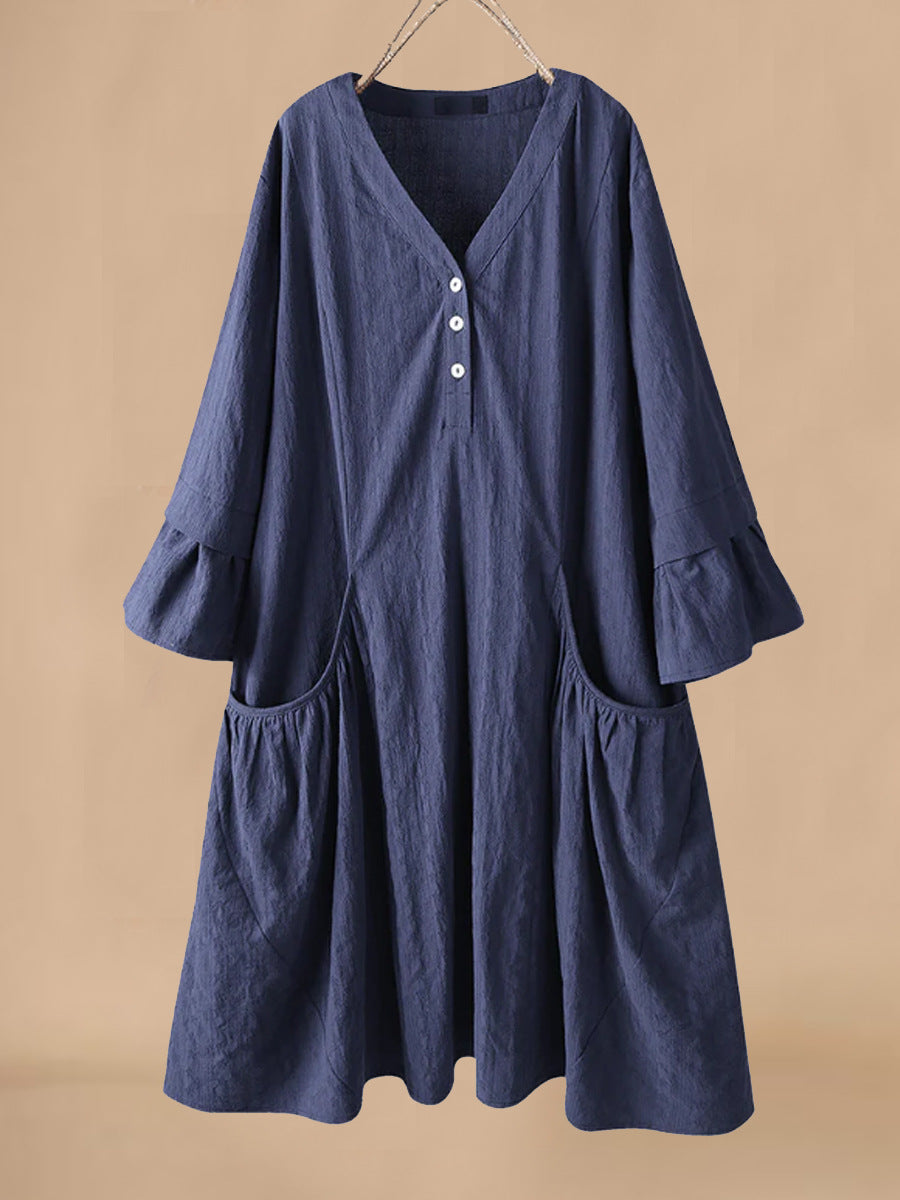 Dress for Women – Midi – Relaxed Fit – V-Neck – Ruffle Sleeves – With Pockets