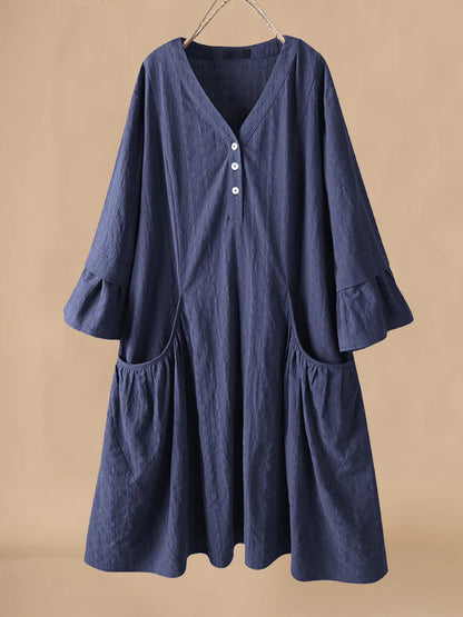 Dress for Women – Midi – Relaxed Fit – V-Neck – Ruffle Sleeves – With Pockets
