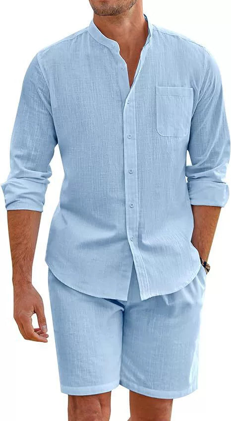 Men’s Shirt & Shorts Set – Mandarin Collar Button Shirt – Relaxed Summer Fit