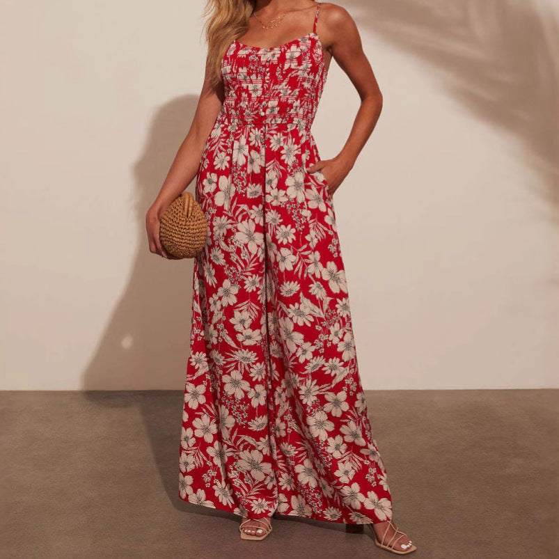 Women’s Jumpsuit – Floral Print – Wide Leg – Spaghetti Straps – Smocked Bodice
