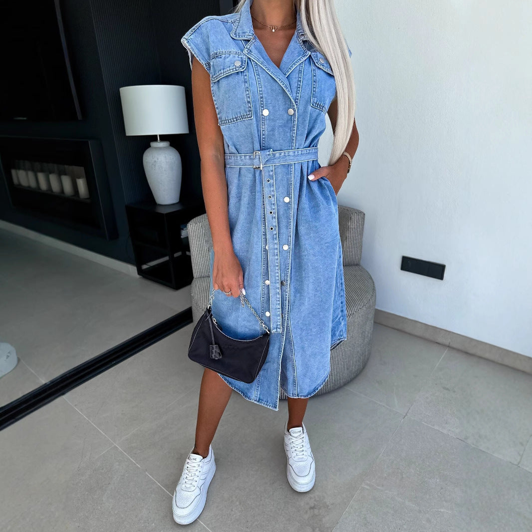 Women's Denim Dress – Sleeveless – Button Closure – Belted Waist – Midi Length