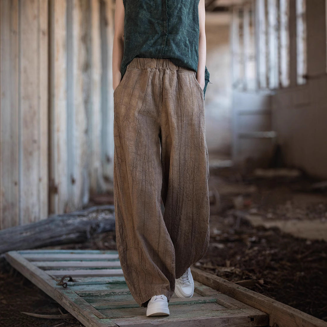 Women's Pants – Relaxed Fit – Cotton Linen – Elastic Waist – Full Length