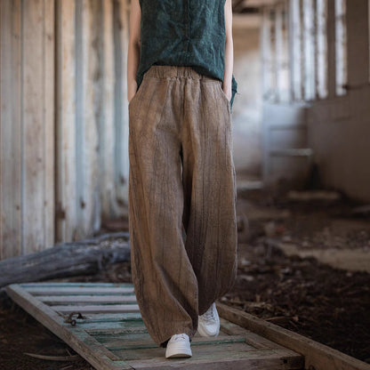Women's Pants – Relaxed Fit – Cotton Linen – Elastic Waist – Full Length