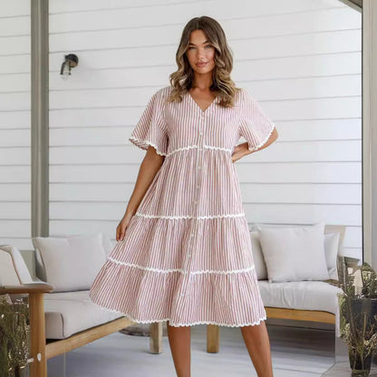 Dress for Women – V-Neck – Loose Fit – Layered Design with Lace Trim