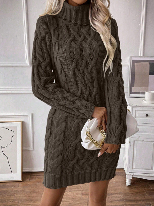 Women's Sweater Dress – Wool Blend – Slim Fit – Cable Knit – Turtleneck – Mini Length