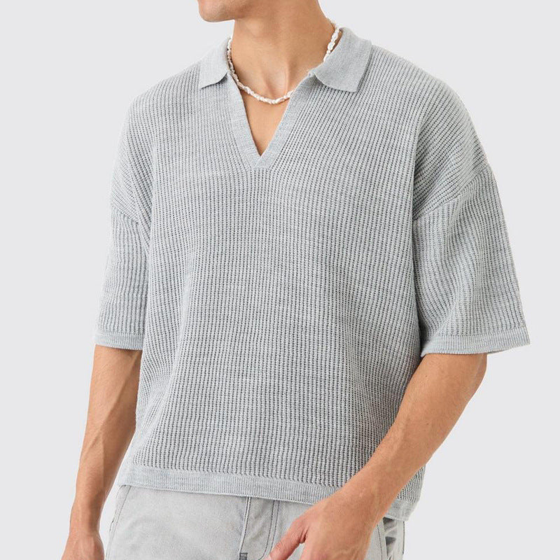 Men's Shirt with Short Sleeves – Relaxed Fit – V-neck with Collar – Soft Knit