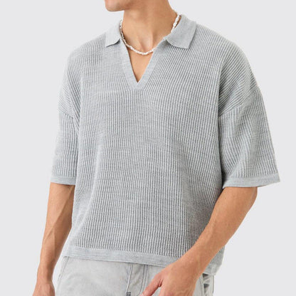Men's Shirt with Short Sleeves – Relaxed Fit – V-neck with Collar – Soft Knit