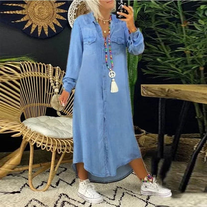 Women's Shirt Dress - Denim - Long-Sleeved Midi - Button Closure & Chest Pockets