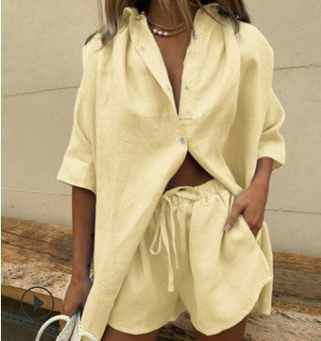 Women's Set – Casual Shirt and High-Waisted Shorts – Light and Breathable Linen Look