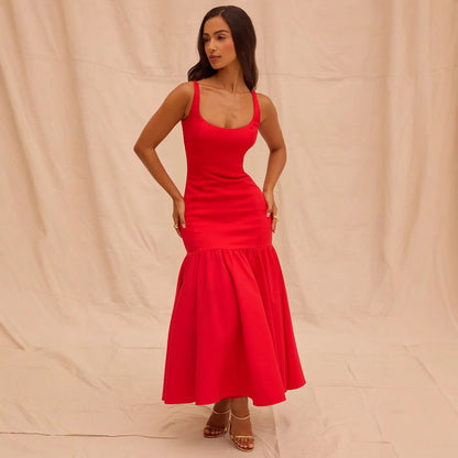 Women's Evening Dress – Satin – Fitted Fit – Sleeveless Round Neck – Mid-Length