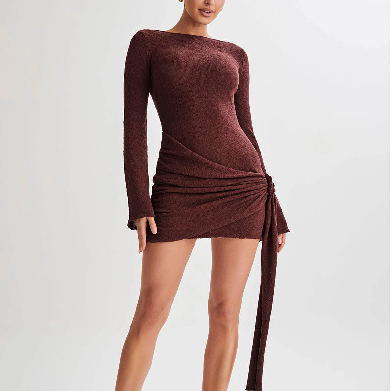 Women's Dress – Mini Tight Fit – Knit with Long Sleeves – Ruched Side with Drawstring