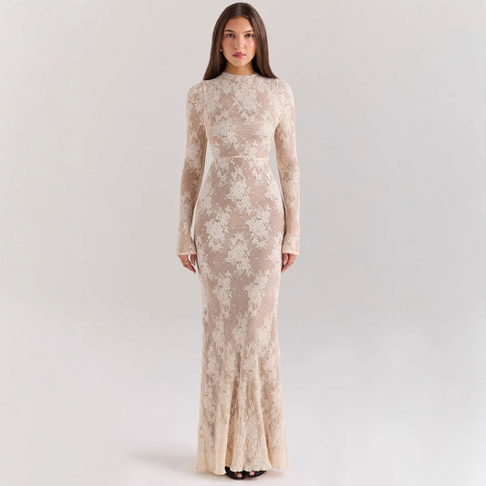Dress for Women – Slim Fit – Full Length – Lace – Long Sleeves – High Neck