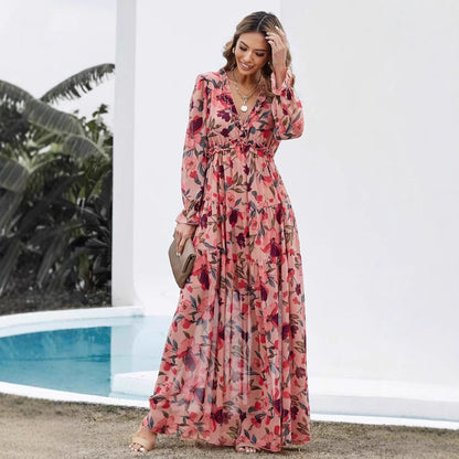 Women's Maxi Dress – Chiffon – Bohemian Fit – V-neck – Long Sleeves – Floral Print