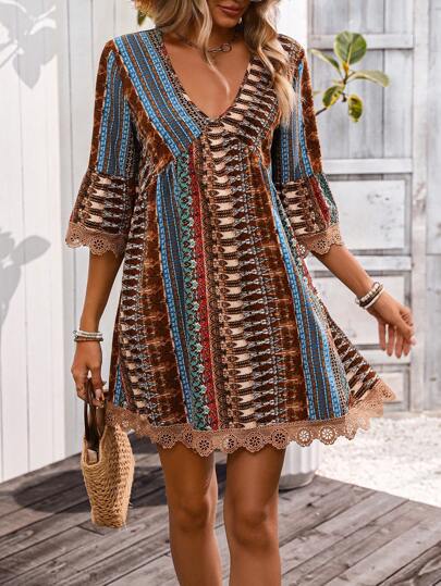 Women's Dress – A-Line Fit – Boho Pattern – V-Neck – 3/4 Sleeves – Lace – Breathable