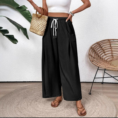 Women's Trousers with Width – Breathable Lightweight Fabric – Elastic Waist with Drawstring – Full Length
